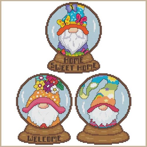 Monthly Gnome Snow Globes - Apr/June - Cross Stitch Pattern