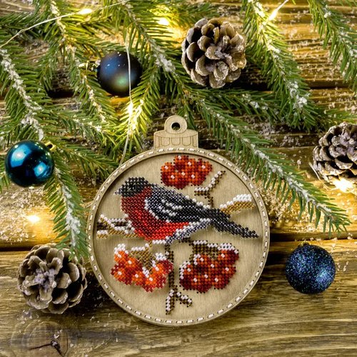 Bullfinch on Viburnum - Christmas Ornament Wooden Bead Kit
