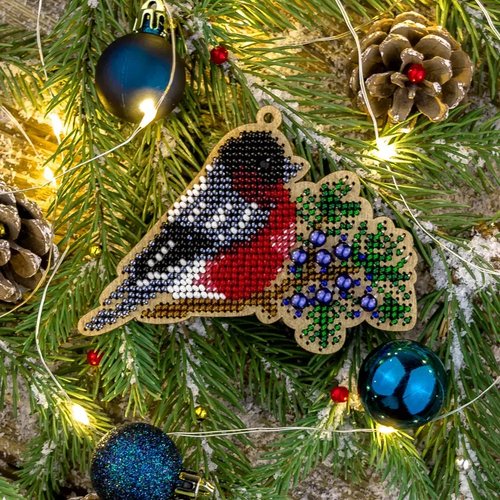 Bullfinch on Branch - Christmas Ornament Wooden Bead Kit