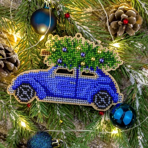 Blue Car - Christmas Ornament Wooden Bead Kit