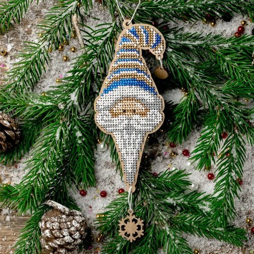 Gnome in Blue Hat - Christmas Ornament Wooden Bead Kit