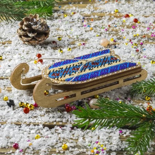 Blue and Red Sled - Christmas Ornament Wooden Bead Kit