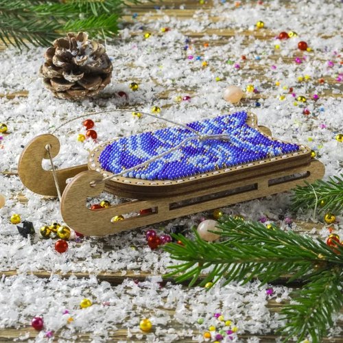 Blue and White Sled - Christmas Ornament Wooden Bead Kit