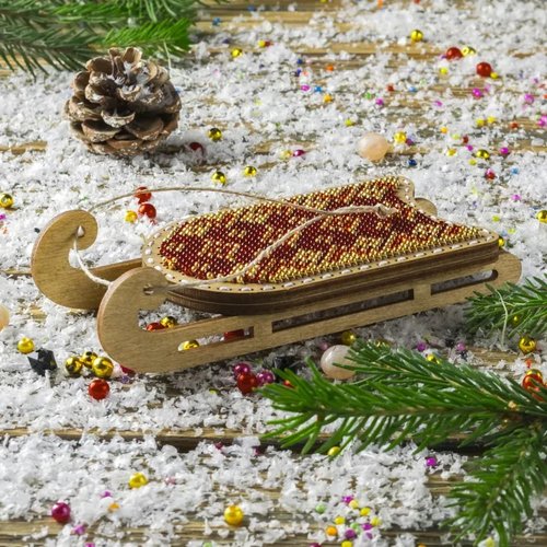 Red and Gold Sled - Christmas Ornament Wooden Bead Kit