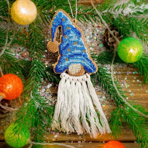 Gnome in Blue Hat - Christmas Ornament Wooden Bead Kit