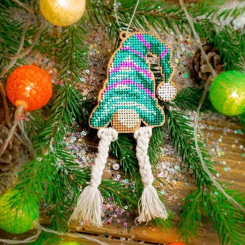 Gnome in Turquoise Hat - Christmas Ornament Wooden Bead Kit