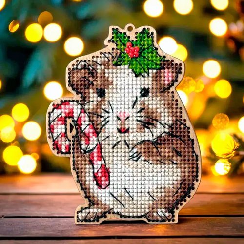 Hamster With Candycane Christmas Ornament - Cross Stitch Kit