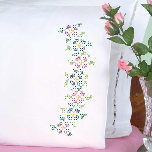 Cross-Stitch Flowers Perle Edge Pillowcases - Embroidery Kit