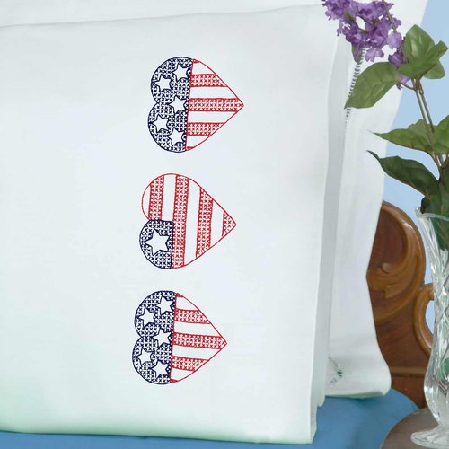 USA Hearts Perle Edge Pillowcases - Patriotic Embroidery Kit