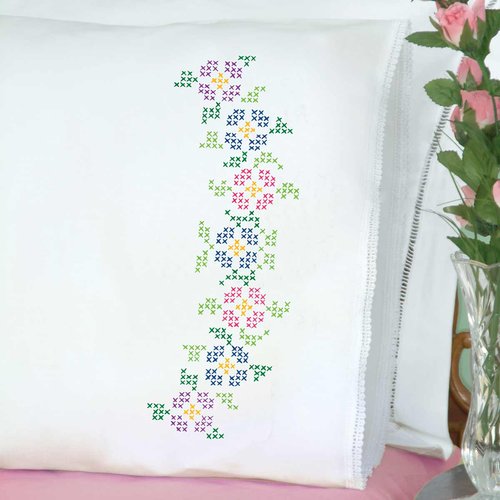 Cross-Stitch Flowers Lace Edge Pillowcases - Embroidery Kit