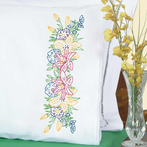 Pretty Flowers - Lace Edge Pillowcases - Embroidery Kit