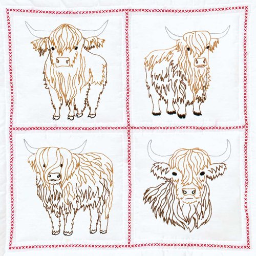 4 Highland Cows - 18" Quilt Blocks - Embroidery Kit