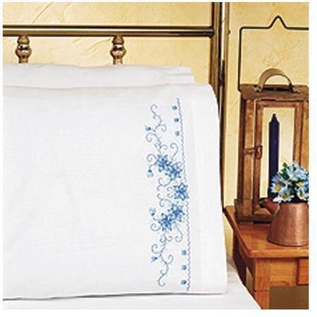 Blue Floral Pillowcase Pair - Embroidery Kit