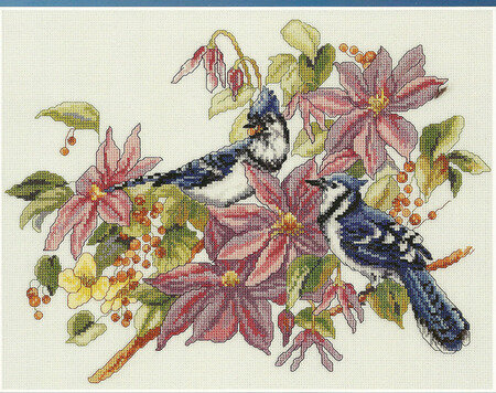 Blue Jays and Clematis - Cross Stitch Pattern