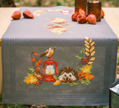 Hedgehog & Robin Table Runner - Cross Stitch Kit