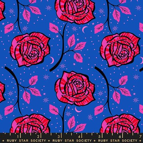 Ink Shop Rose Blue Ribbon - Quilt Fabric