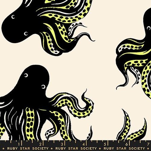 Ink Shop Octopus Canvas Neon Yellow - Quilt Fabric
