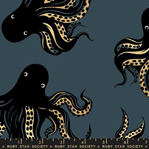 Ink Shop Octopus Canvas Metallic Smoke - Quilt Fabric