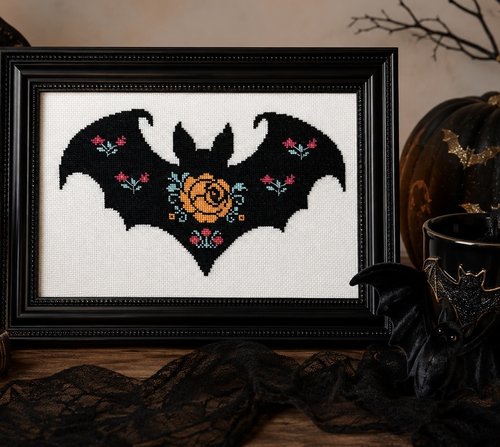Floral Bat - Halloween PDF Cross Stitch Pattern