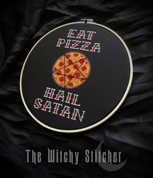 Eat Pizza Hail Satan - Halloween Cross Stitch Pattern
