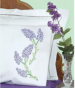Lilacs Stamped Pillowcases White Perle Edge - Embroidery Kit