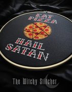 Eat Pizza Hail Satan - Halloween Cross Stitch Pattern, different perspective #2. Select this picture to zoom in