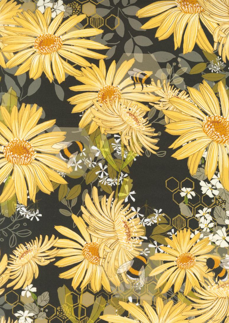 108" Pollinators Sunflower Onyx - Quilt Fabric, zoomed in. Select this picture to zoom back out.