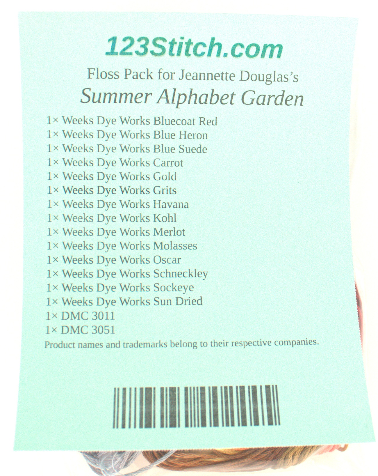 Floss Pack for "Summer Alphabet Garden", zoomed in. Select this picture to zoom back out.