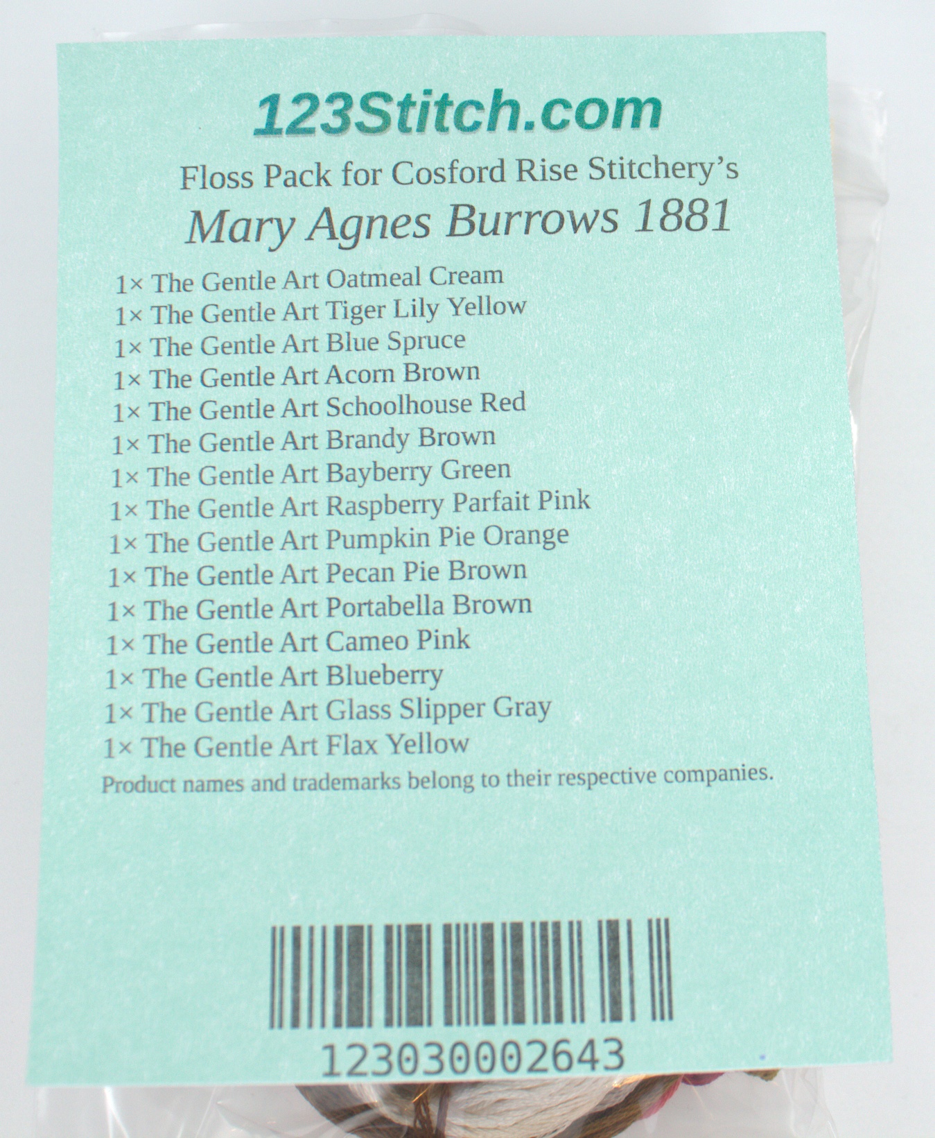Floss Pack for "Mary Agnes Burrows 1881", zoomed in. Select this picture to zoom back out.