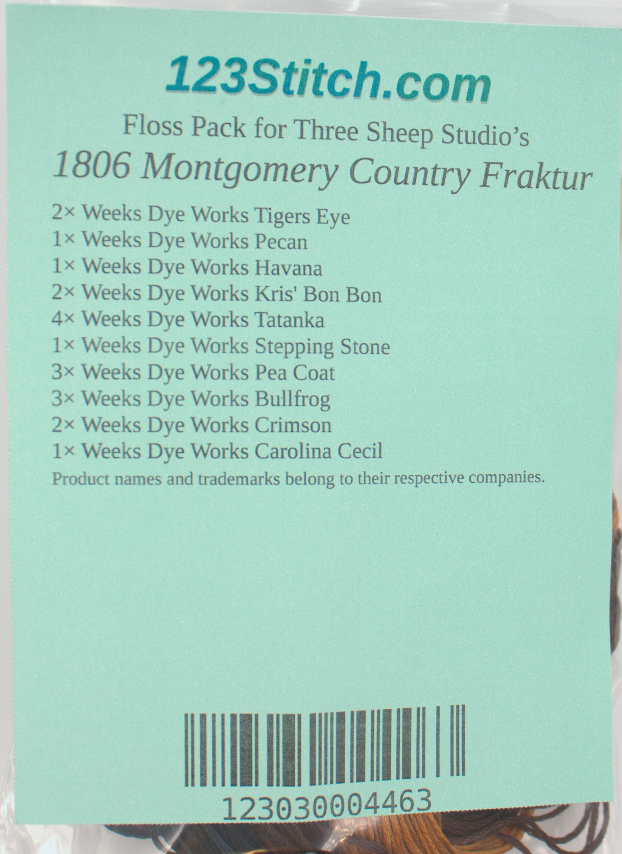Floss Pack for "1806 Montgomery Country Fraktur", zoomed in. Select this picture to zoom back out.