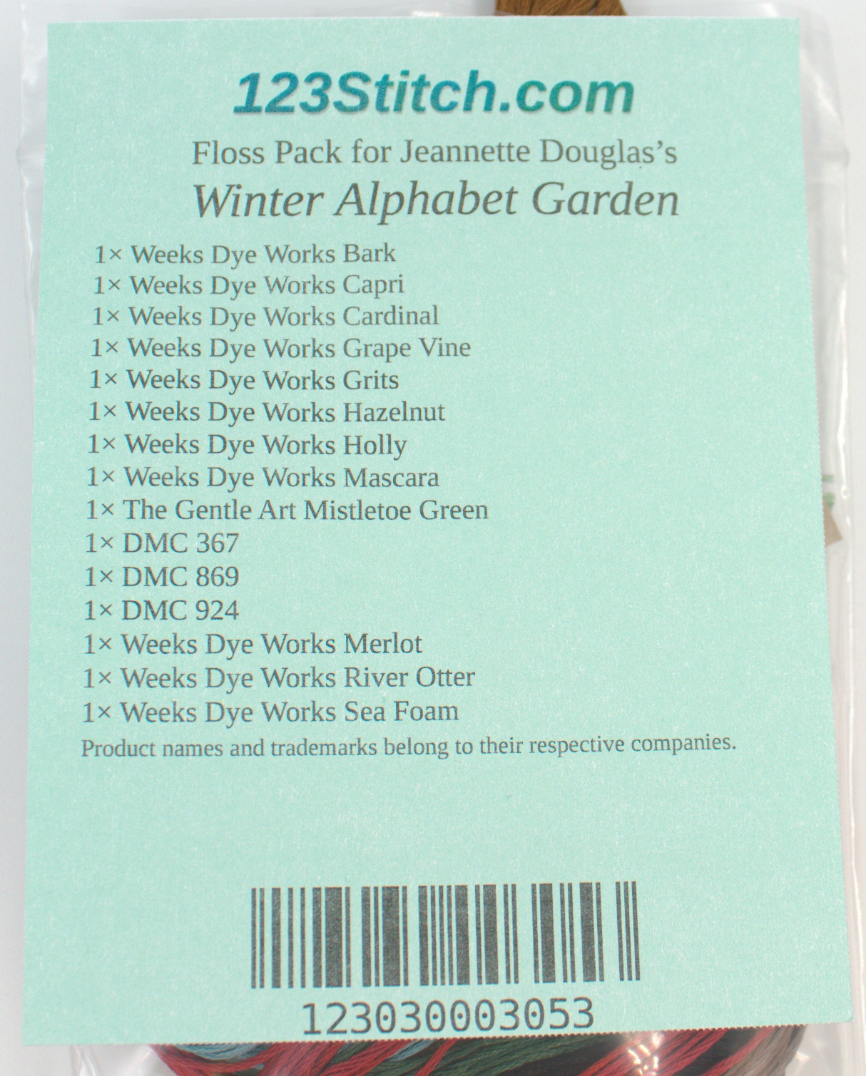 Floss Pack for "Winter Alphabet Garden", zoomed in. Select this picture to zoom back out.