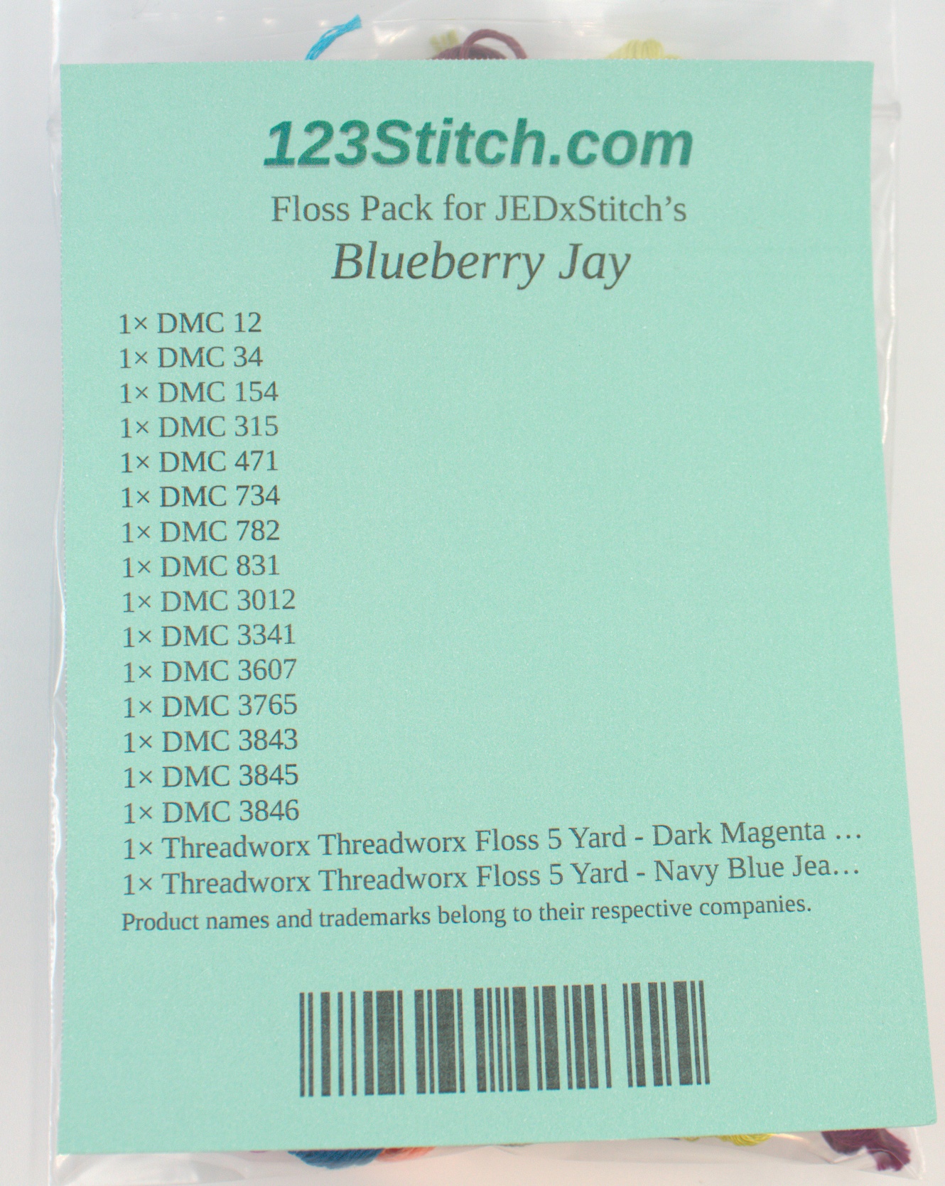 Floss Pack for "Blueberry Jay", zoomed in. Select this picture to zoom back out.