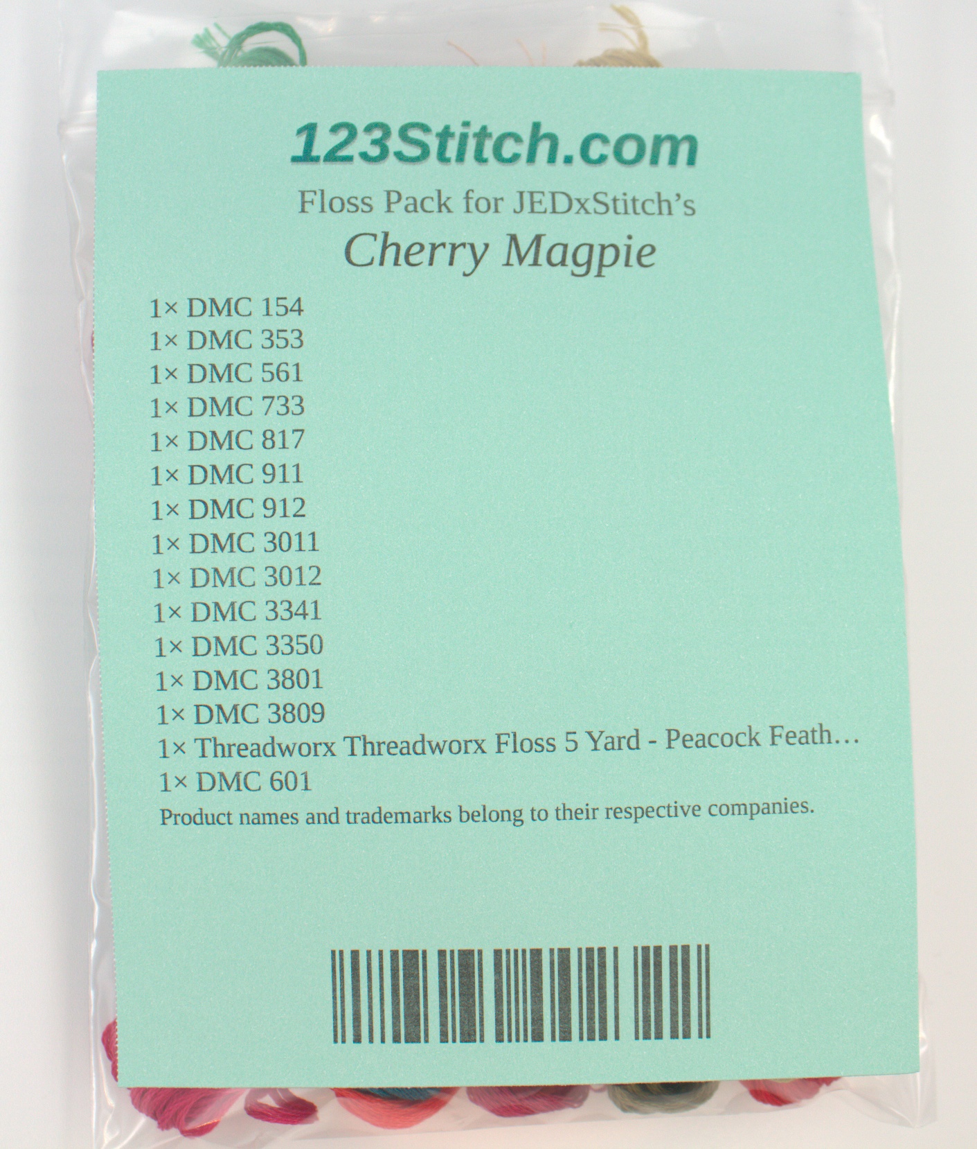 Floss Pack for "Cherry Magpie", zoomed in. Select this picture to zoom back out.