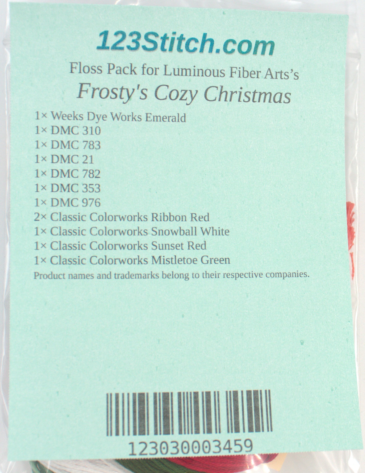 Floss Pack for "Frosty's Cozy Christmas", zoomed in. Select this picture to zoom back out.