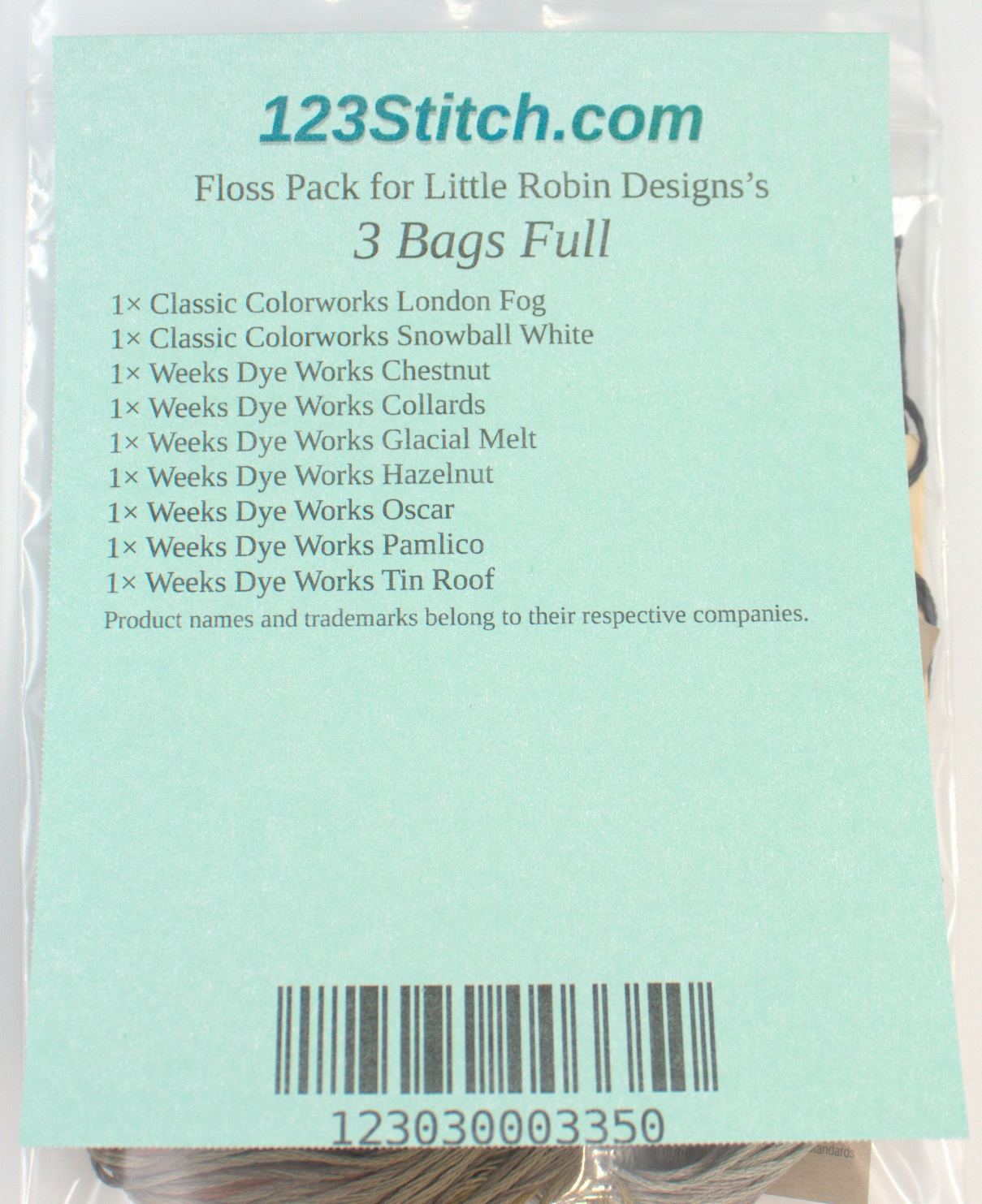 Floss Pack for "3 Bags Full", zoomed in. Select this picture to zoom back out.