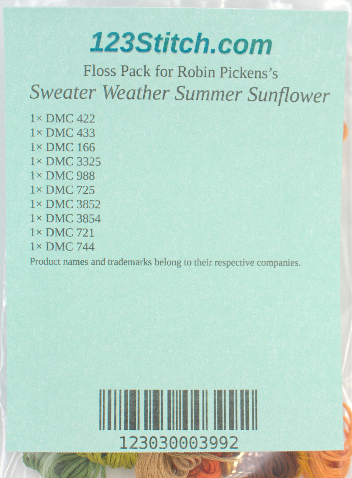 Floss Pack for "Sweater Weather Summer Sunflower", zoomed in. Select this picture to zoom back out.