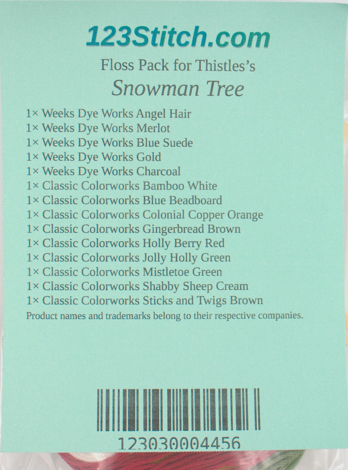 Floss Pack for "Snowman Tree", zoomed in. Select this picture to zoom back out.