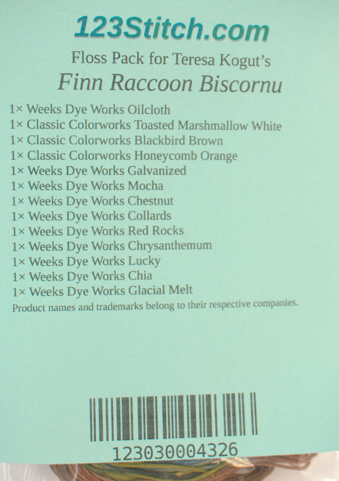Floss Pack for "Finn Raccoon Biscornu", zoomed in. Select this picture to zoom back out.