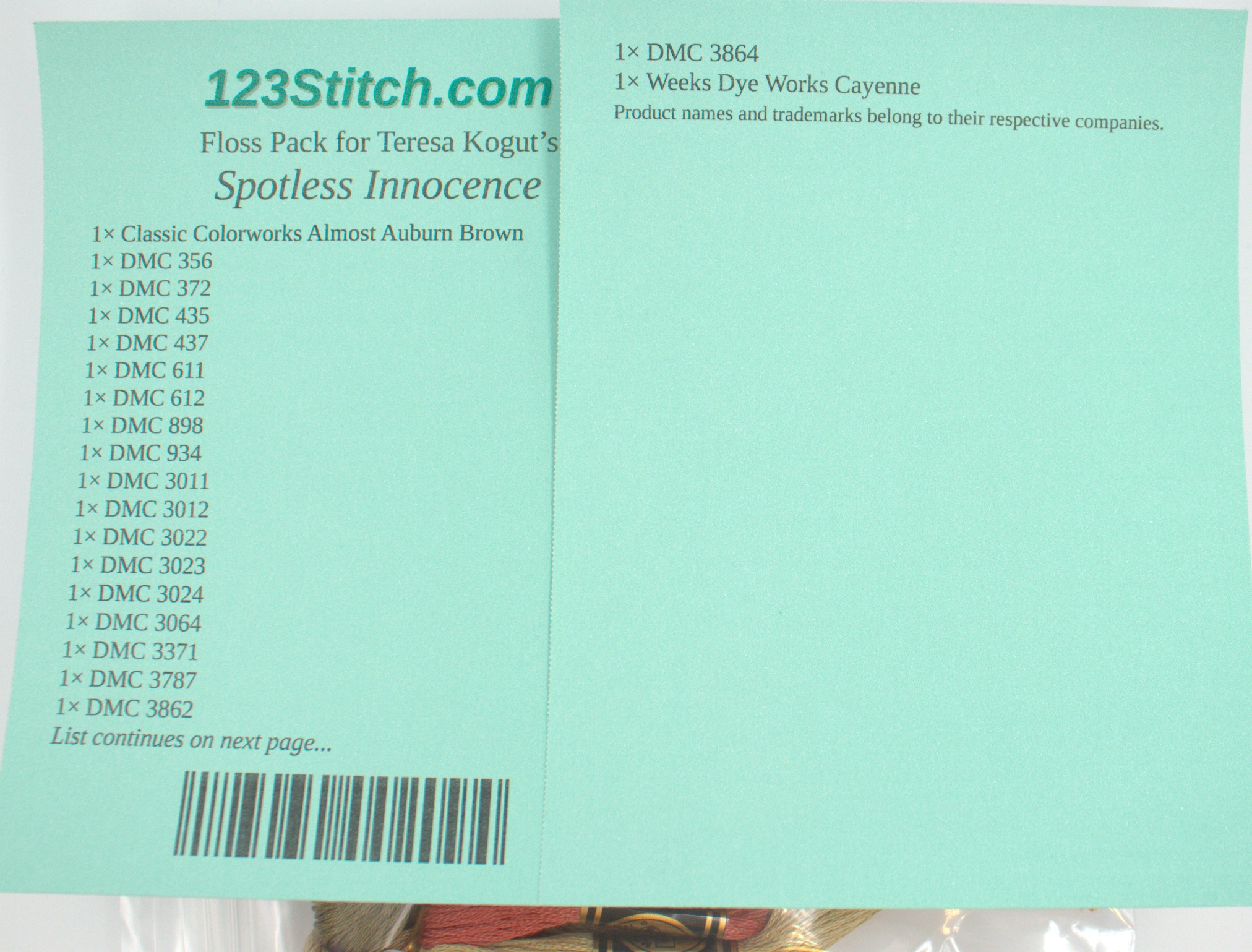 Floss Pack for "Spotless Innocence", zoomed in. Select this picture to zoom back out.