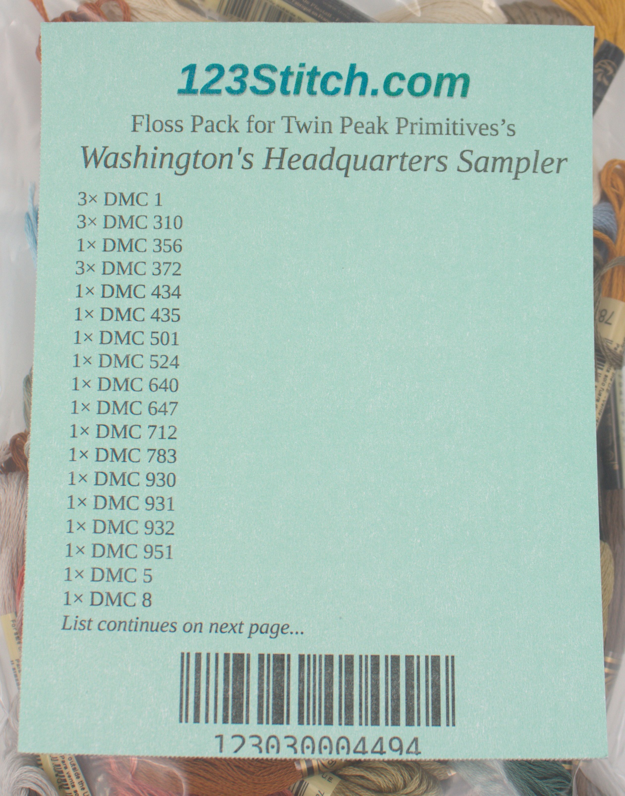 Floss Pack for "Washington's Headquarters Sampler", zoomed in. Select this picture to zoom back out.