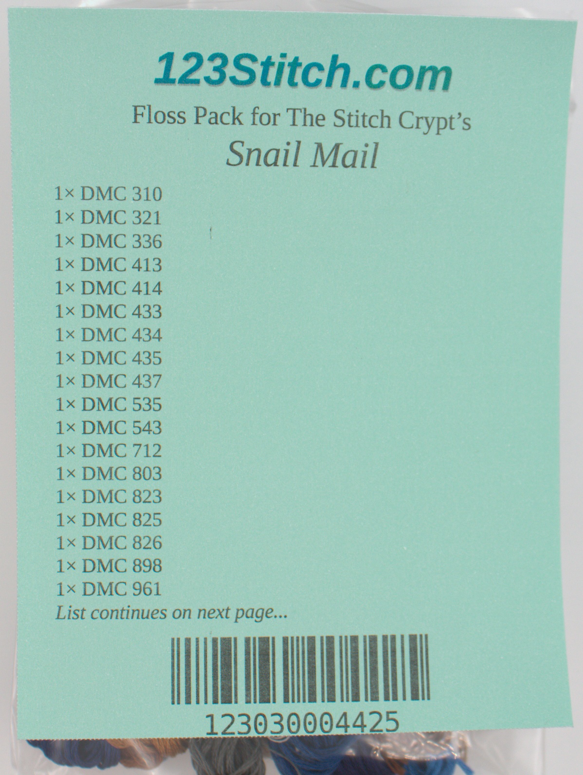 Floss Pack for "Snail Mail", zoomed in. Select this picture to zoom back out.