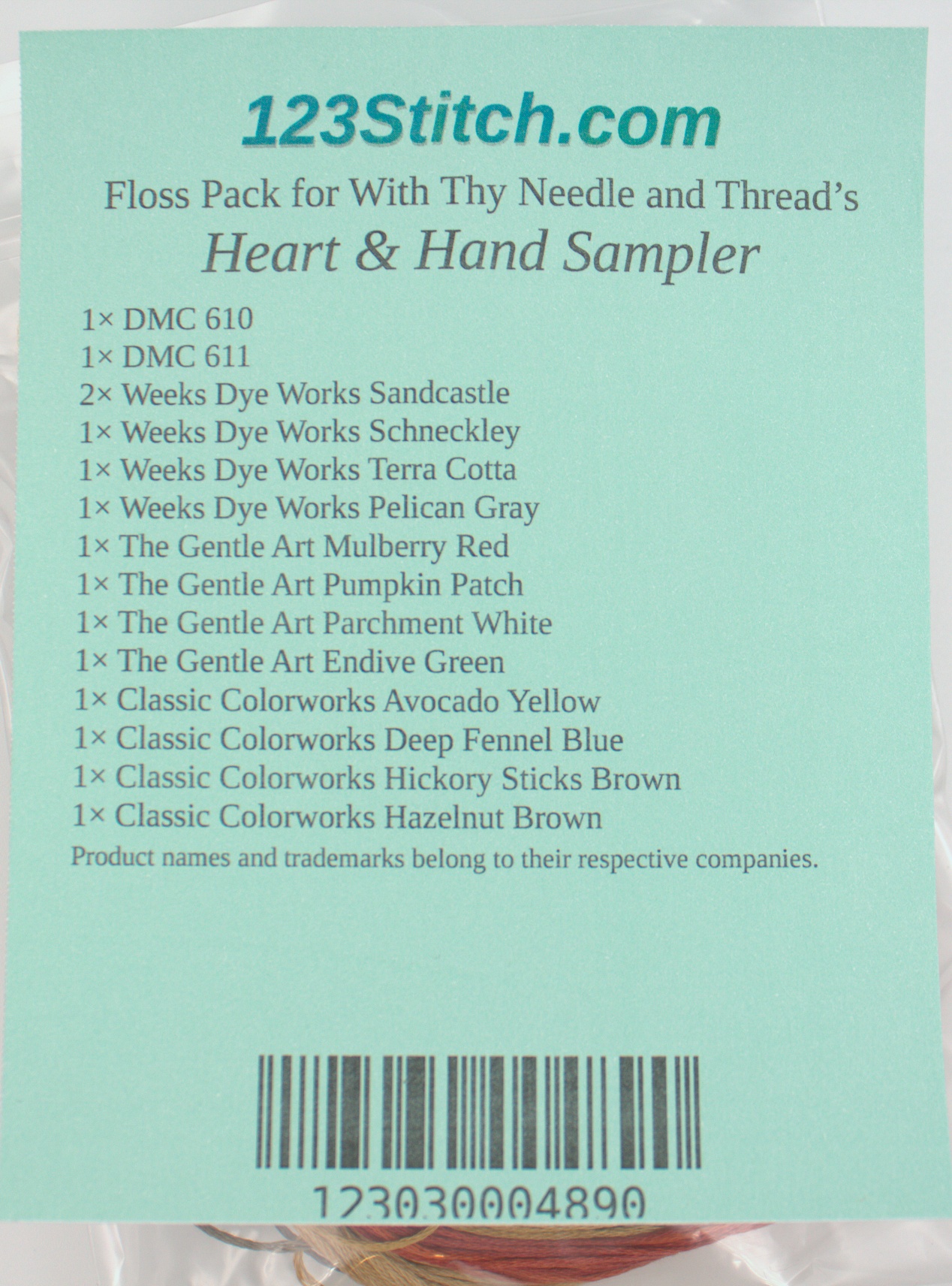 Floss Pack for "Heart & Hand Sampler", zoomed in. Select this picture to zoom back out.