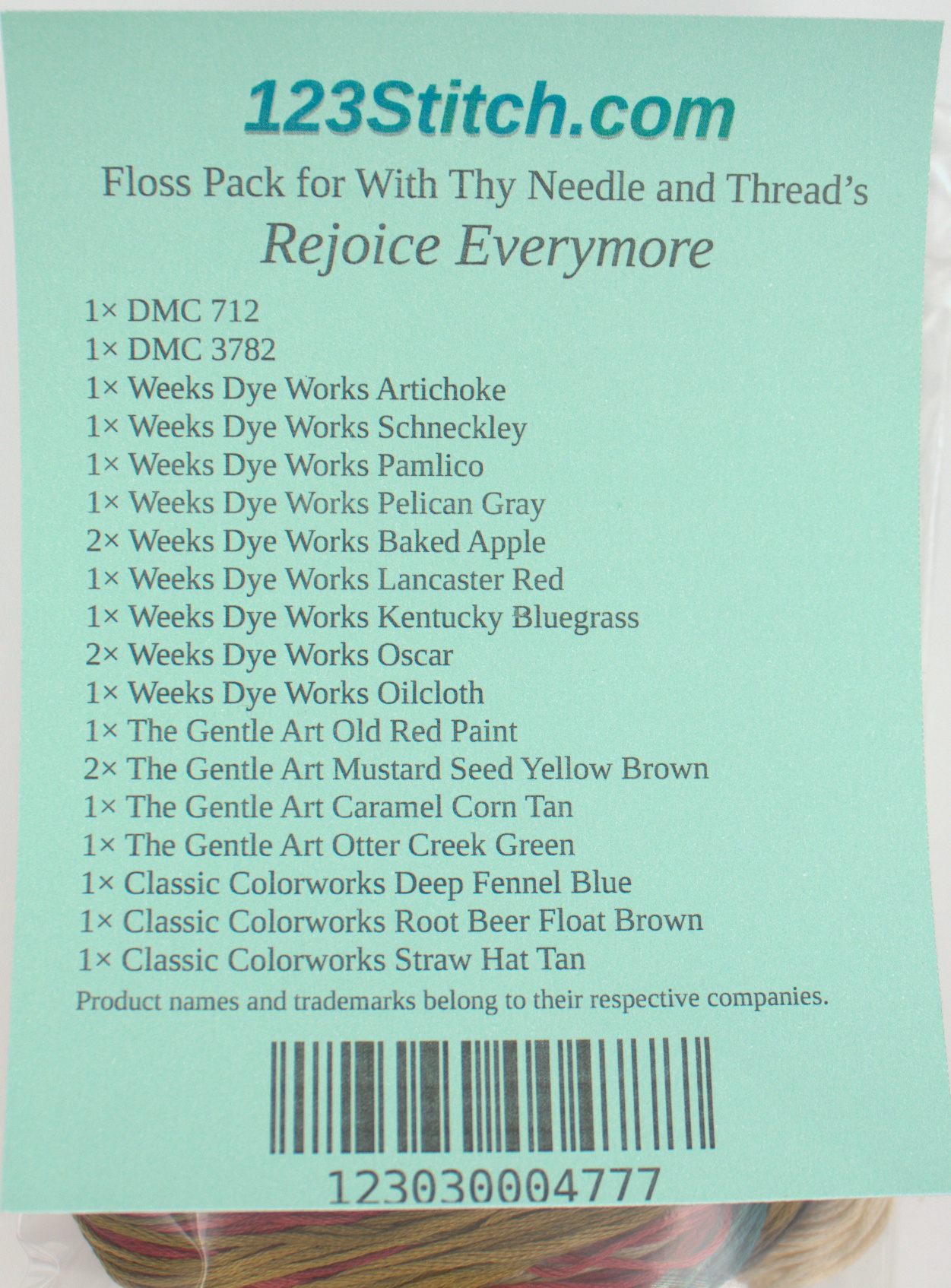 Floss Pack for "Rejoice Everymore", zoomed in. Select this picture to zoom back out.