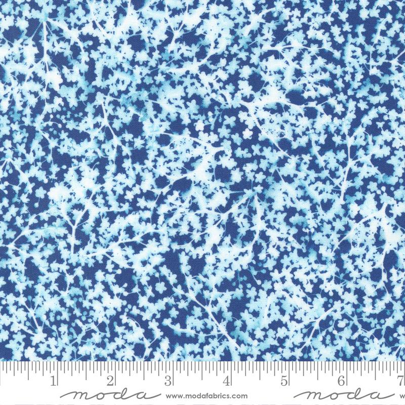 Queen Anne Florals Sunprint - Prussian Blue - Quilt Fabric, zoomed in. Select this picture to zoom back out.