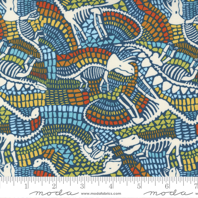Stomp Stomp Roar Teal - Fossil Dinosaurs Fossil - Fabric