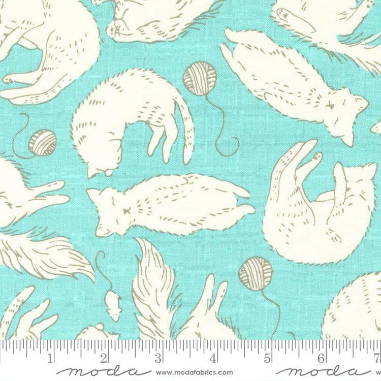 Here Kitty Kitty Aqua - Sleepy Time Novelty Cats - Fabric