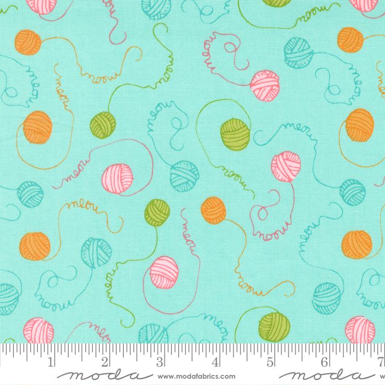 Here Kitty Kitty Aqua - Meow Blenders Yarn Text - Fabric