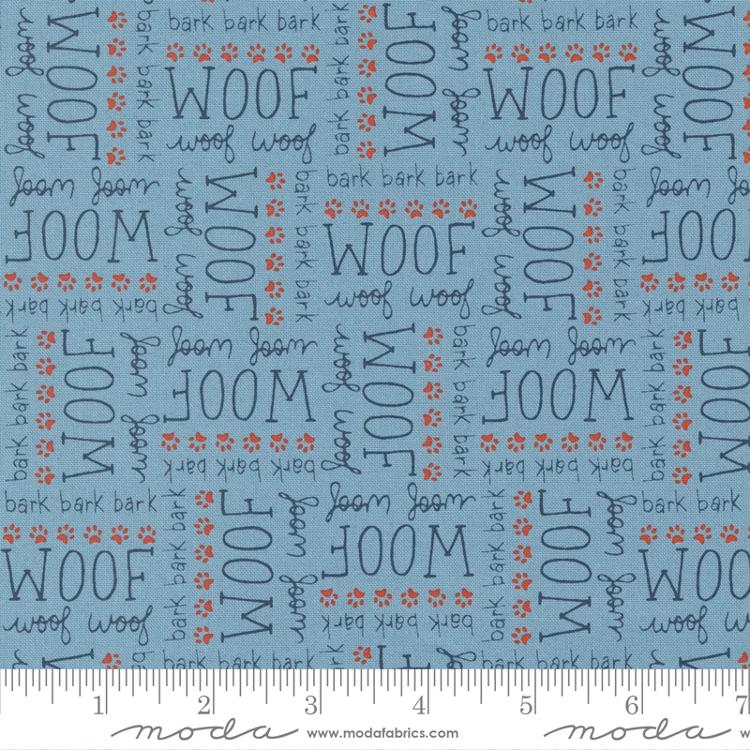 Dog Daze Blue - Woof Text and Words - Quilt Fabric