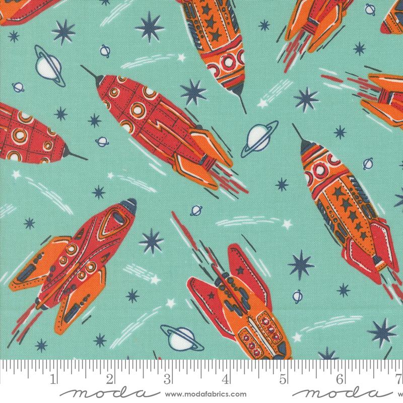 321 Blast Off Spaceship Blue Nebula - Quilt Fabric
