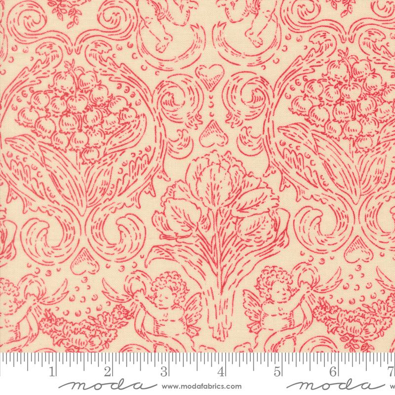 Je Taime Cupid Lace Red - Quilt Fabric, zoomed in. Select this picture to zoom back out.